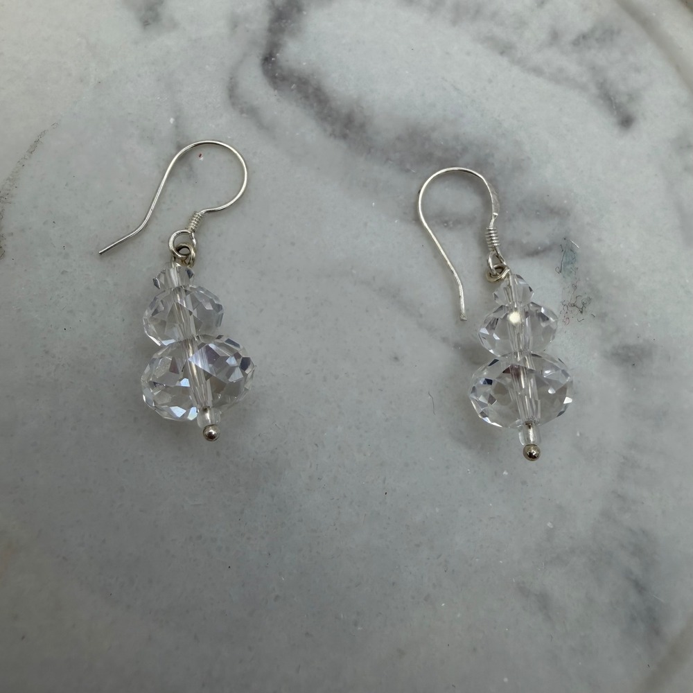 Clear Faceted Bead Double Drop Earrings Silver Tone Shepherd Hook Fashion